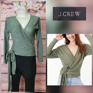 J Crew Women Green Linen Viscose Wrapped V-Neck Sweater Size XXS